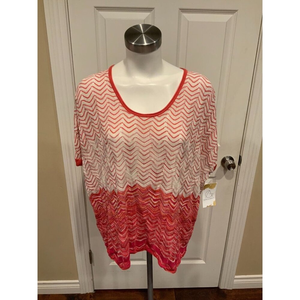 BCBG MAX AZRIA Pink & White Silk Zig-Zag Cover-Up Knit Top, One Size